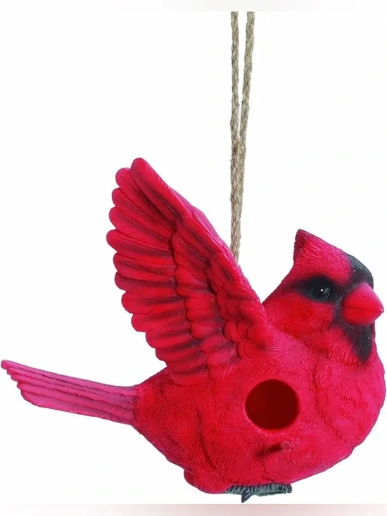Bright Red Cardinal Hanging Birdhouse Decorative Garden Accent - Picture 2 of 2